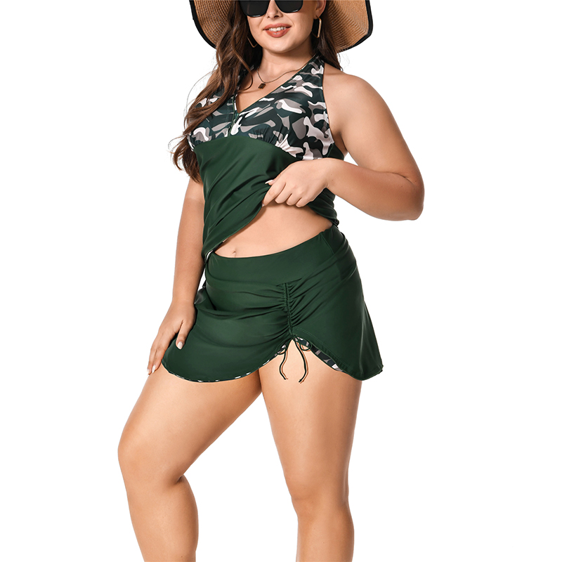 Womens Plus Size Swimsuit Halter Tankini Top and Skort Bottom Set Green