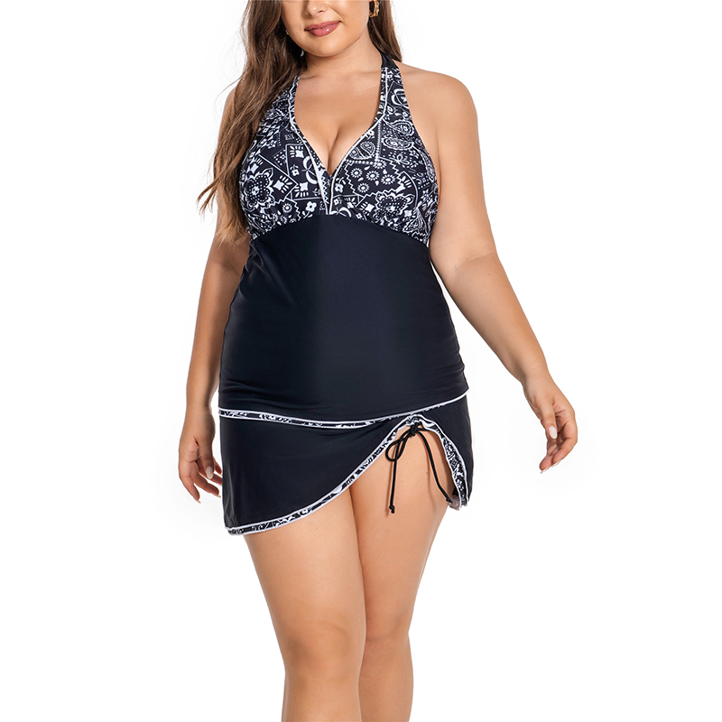 Womens Plus Size Swimsuit Halter Tankini Top and Skort Bottom Set Flower