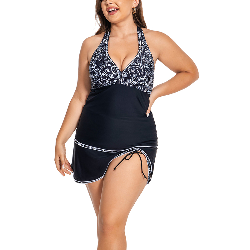 Womens Plus Size Swimsuit Halter Tankini Top and Skort Bottom Set Flower